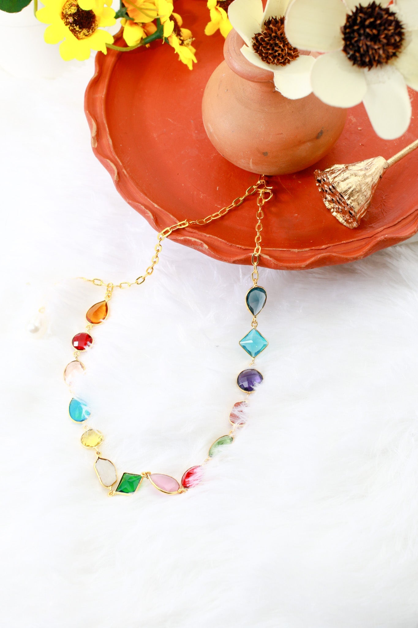 Multicolor Stone Chain Pendant with Pearl Drop | Natural Stones, Gold - Plated Brass - Maxiblink