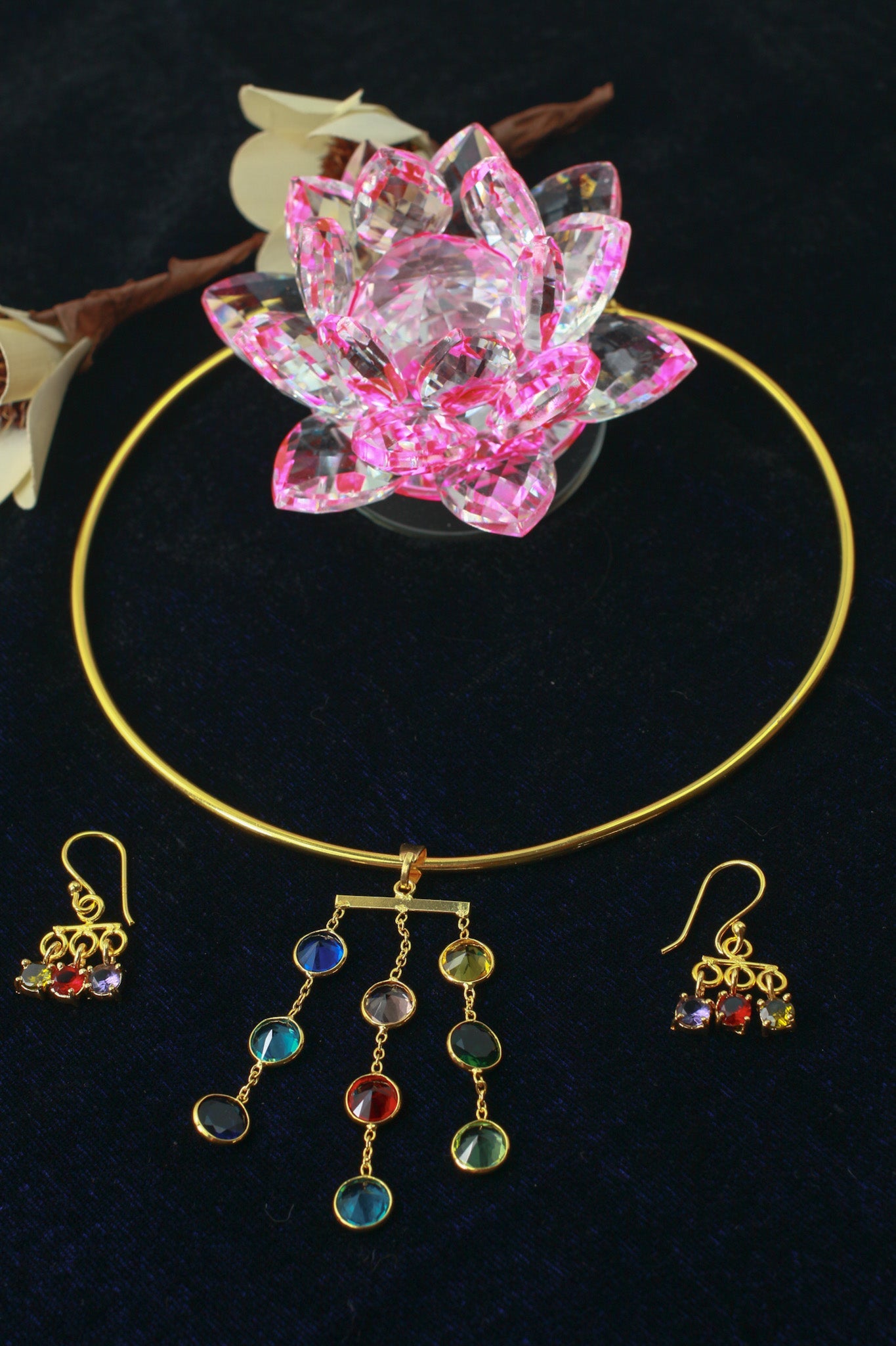 Multicolour Cascade Drop Stone Necklace Set – Brass Gold Plated | Anti - Tarnish Finish - Maxiblink