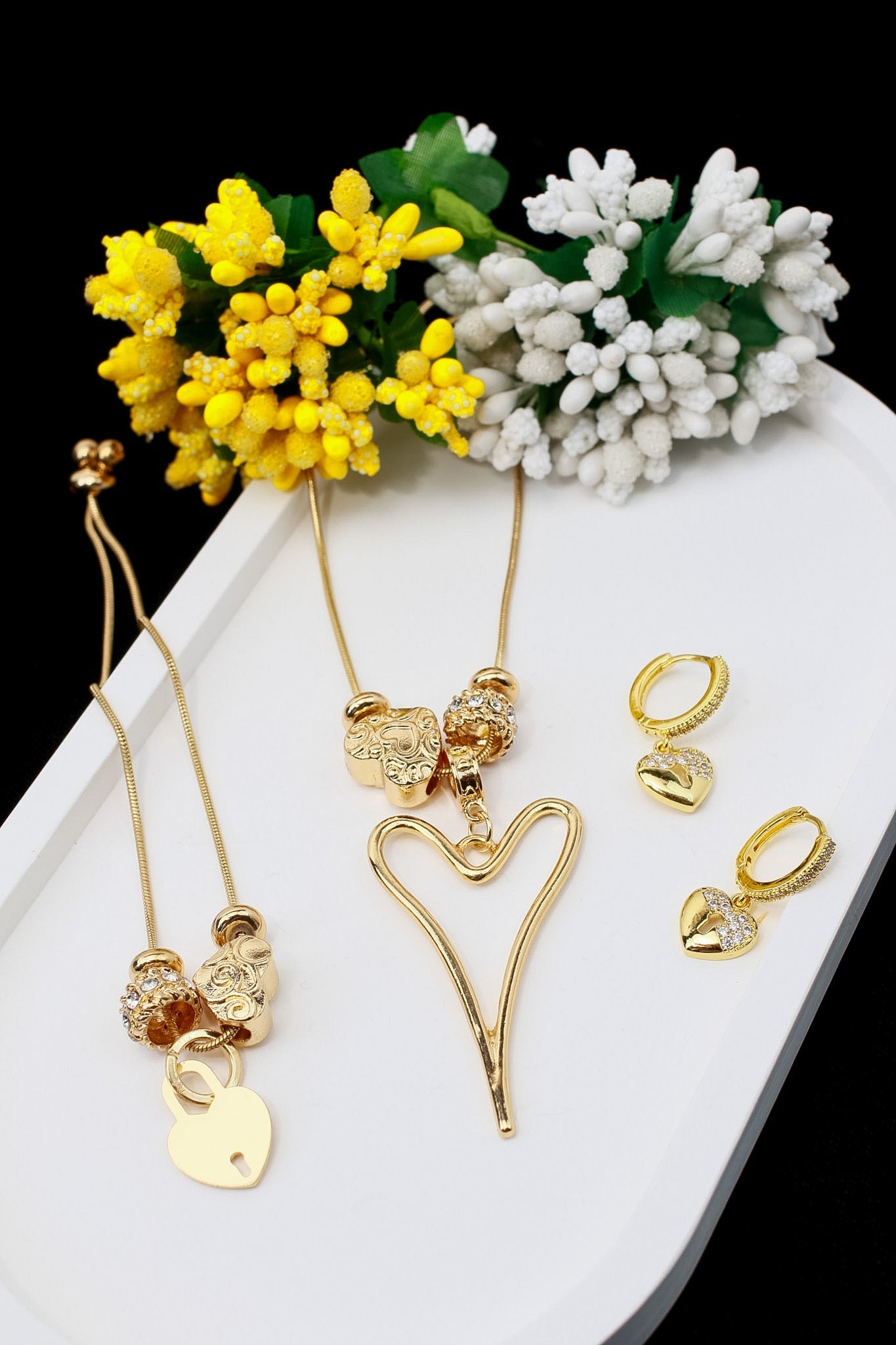 Open Heart Charm Necklace & Pavé Heart Huggie Earrings Set - Maxiblink