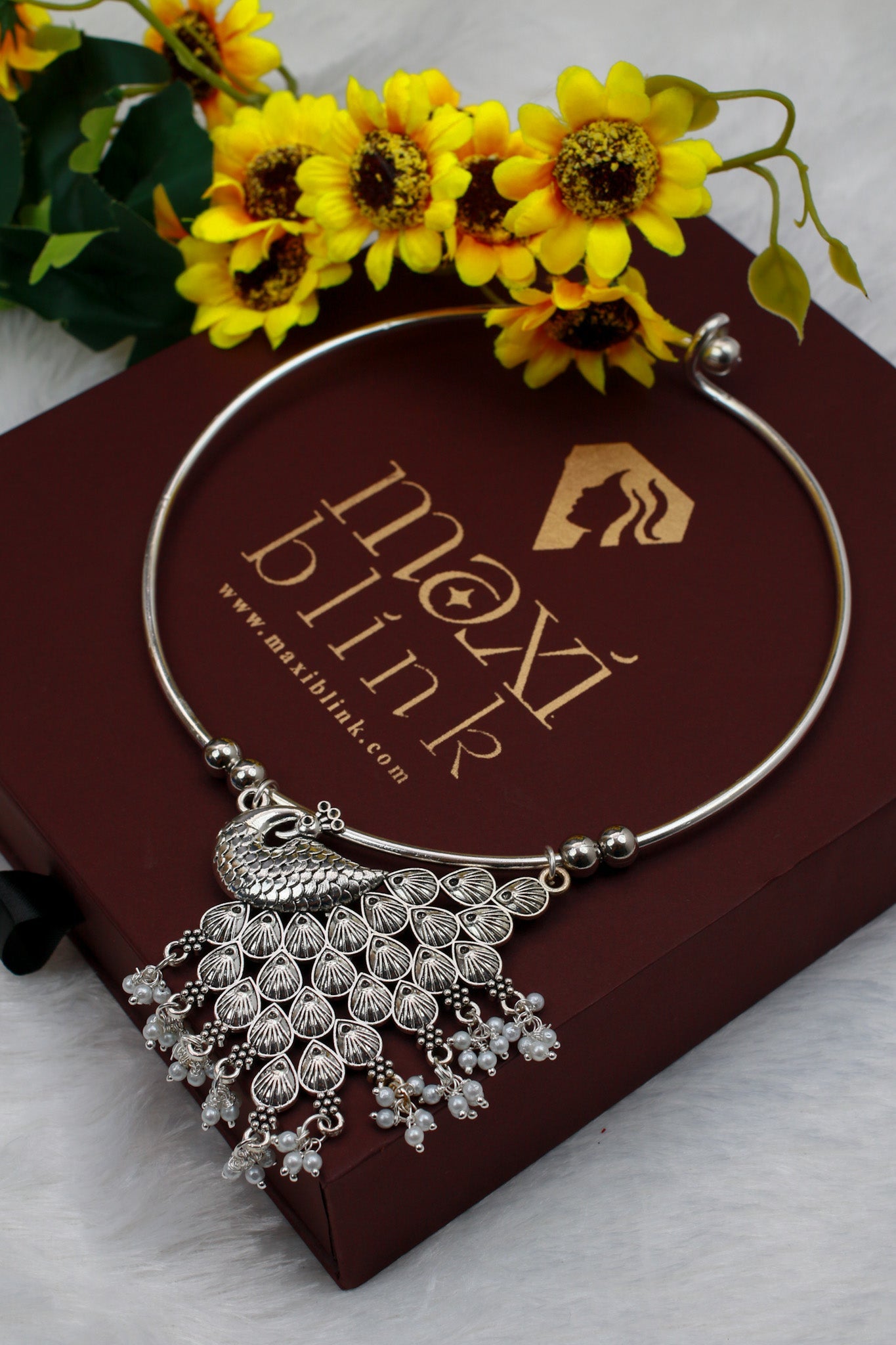 Oxidised German Silver Hansli Necklace with Peacock Motif & Jhumka Drops | Festive Statement Choker - Maxiblink