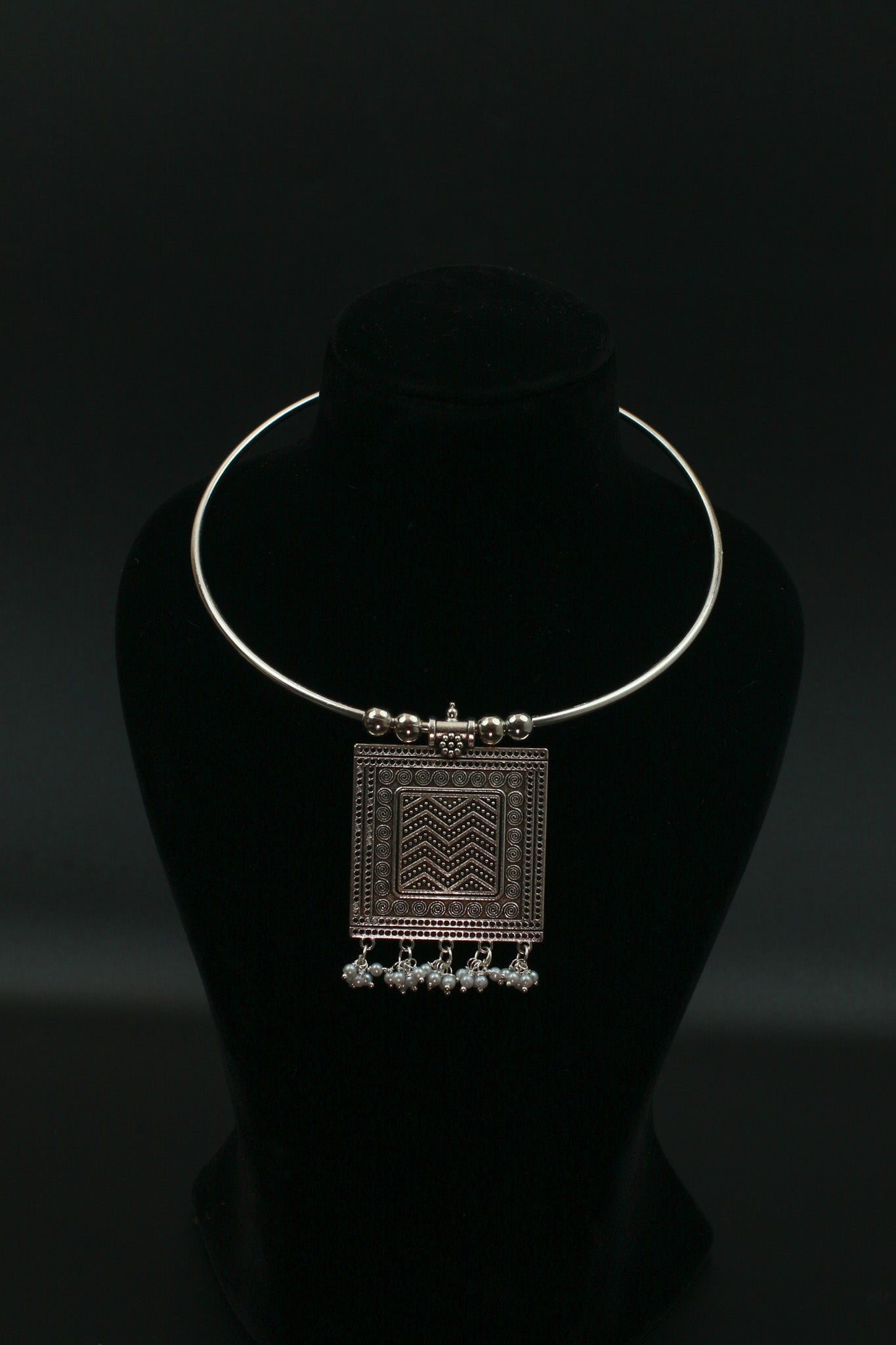 Oxidised German Silver Hansli Necklace with Square Tribal Pendant | Boho Statement Jewellery - Maxiblink