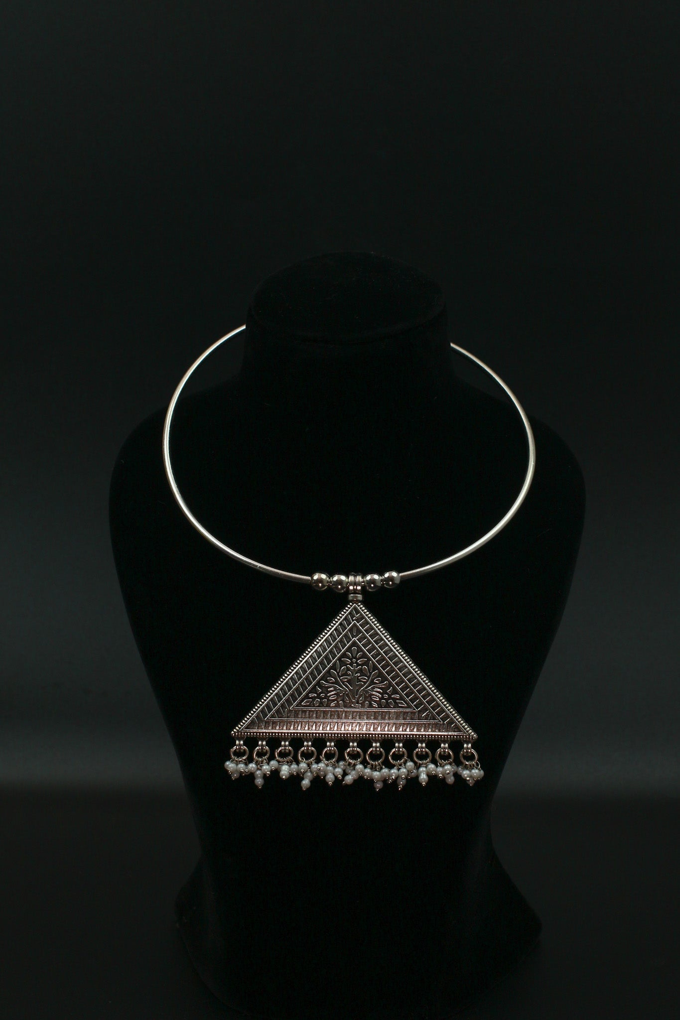 Oxidised German Silver Hansli Necklace with Triangle Mandala Design | Antique Tribal Choker - Maxiblink