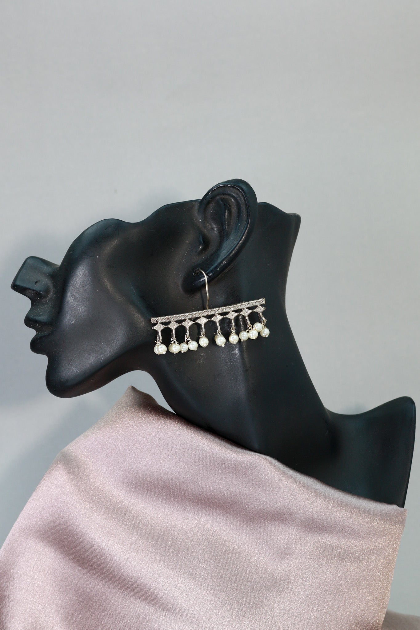 Oxidised Horizontal Pearl Bar German Silver Earrings - Maxiblink
