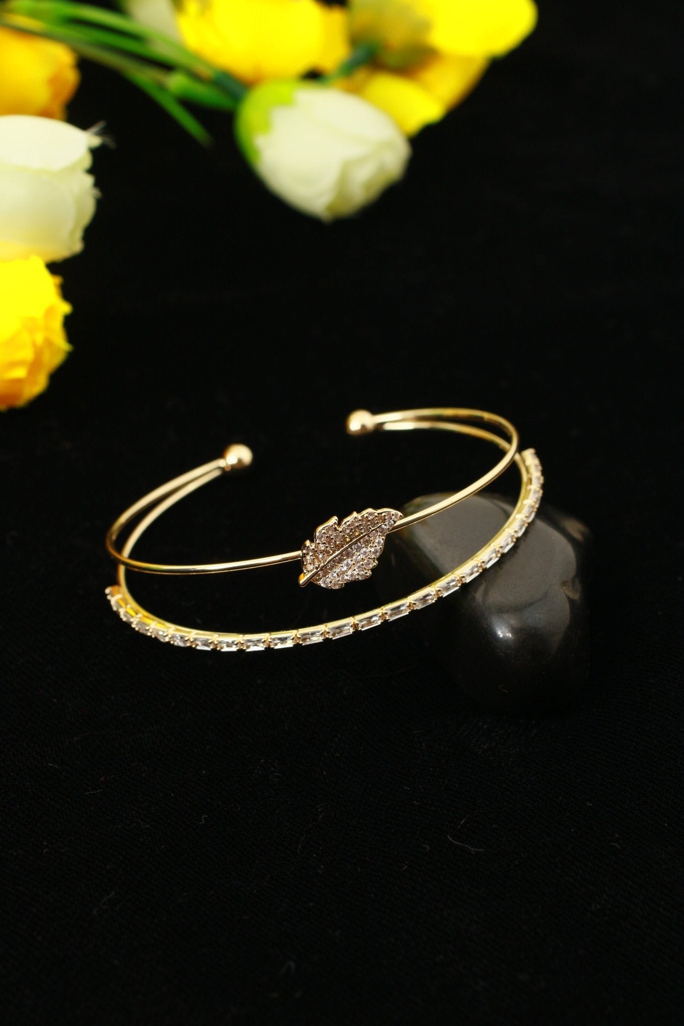 Pave Leaf Baguette Double Layer Cuff Bracelet - Maxiblink