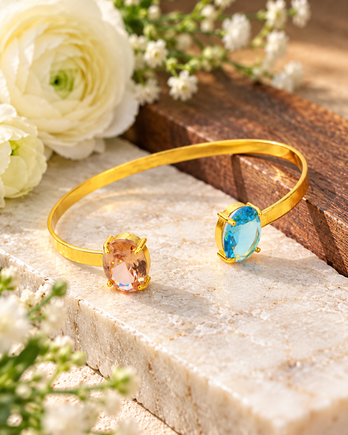 Peach & Aqua Oval Stone Flat Cuff Bracelet - Maxiblink
