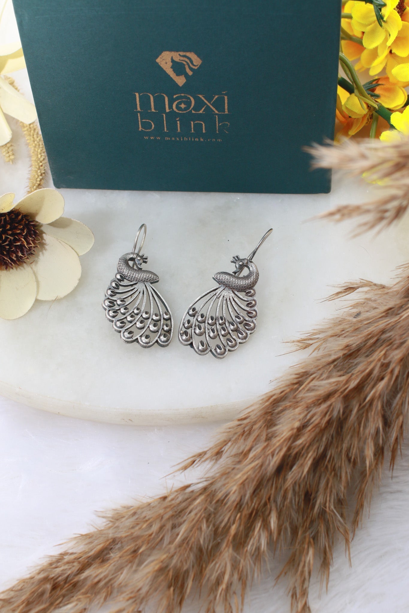 Peacock Feather Filigree Oxidised German Silver Earrings | Elegant Ethnic Danglers - Maxiblink