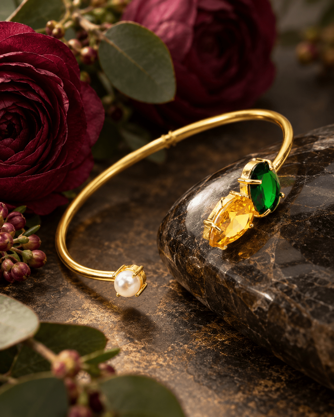 Pearl, Yellow & Green Stone Open Cuff Bracelet - Maxiblink