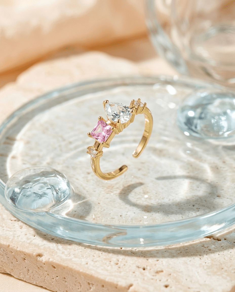 Pink & Clear Scattered Crystal Ring close-up detail — 18K gold-plated anti-tarnish ring, MaxiBlink