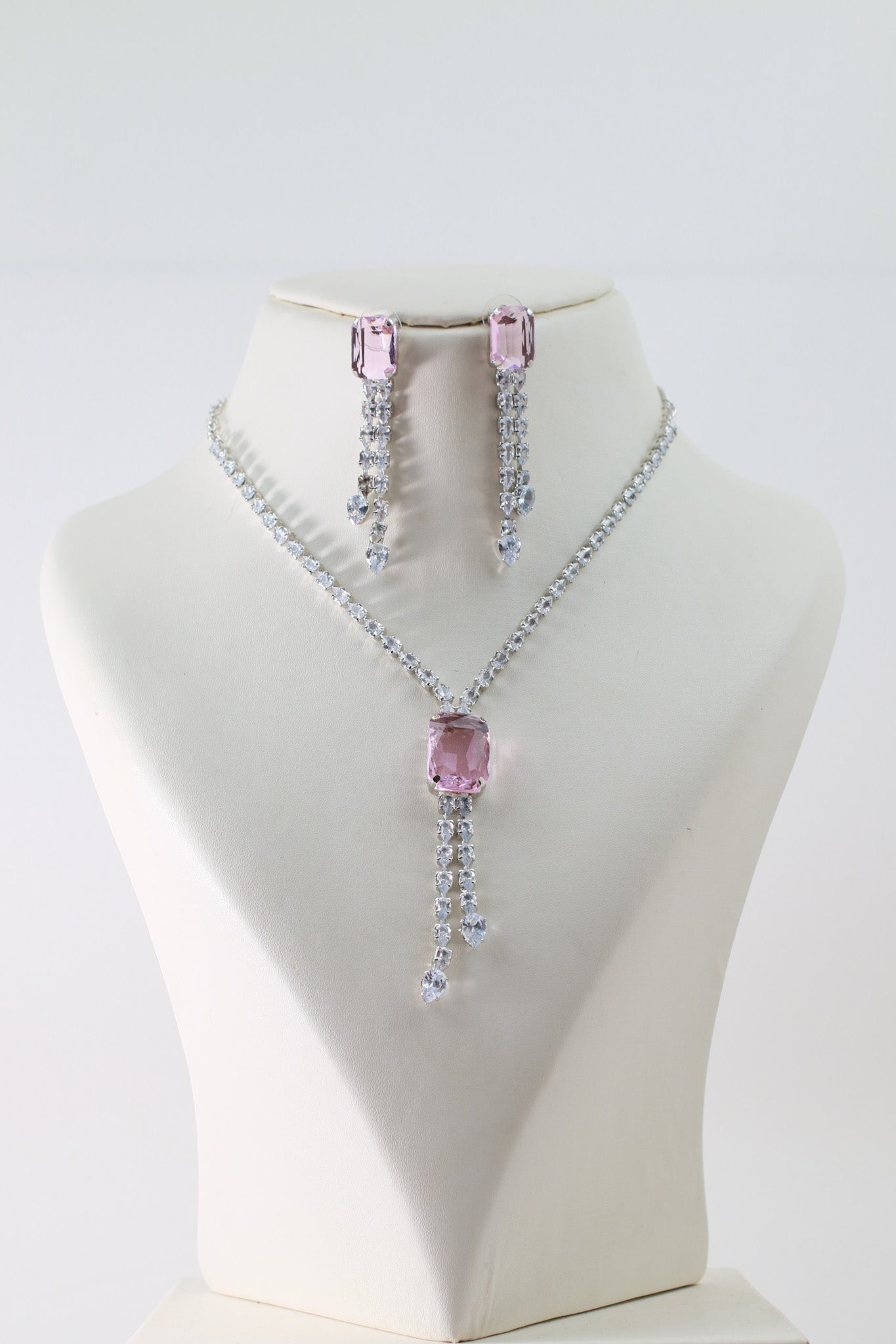 Pink Emerald Cut Korean Glass Stone Necklace Set | Premium Crystal Jewellery - Maxiblink