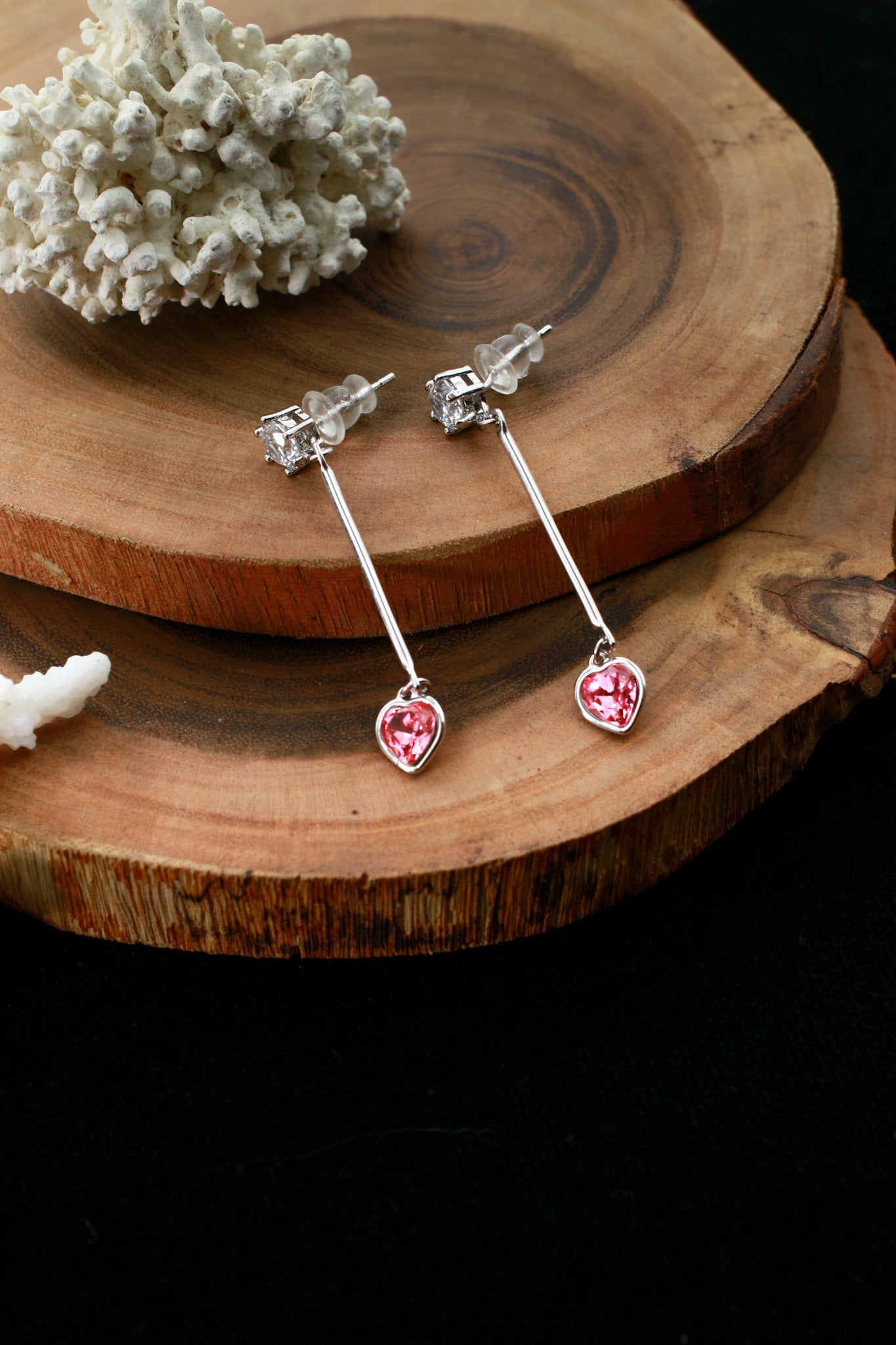 Pink Heart Crystal Bar Drop Earrings - Maxiblink