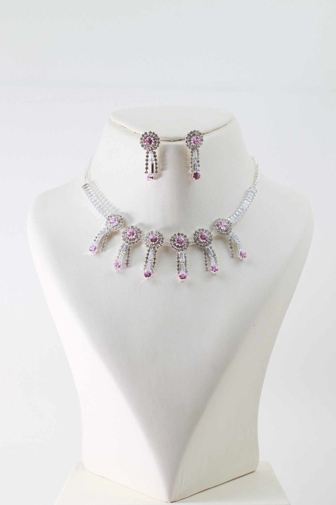 Pink Korean Glass Stone Necklace Set with Earrings | Premium Crystal Jewellery - Maxiblink
