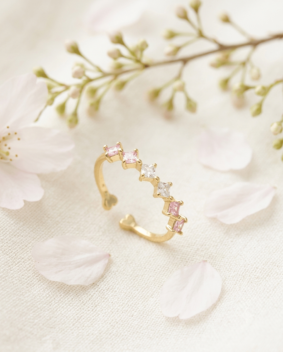 Pink Ombre Princess-Cut Band Ring, free-size open band — MaxiBlink gold-plated demi-fine jewellery