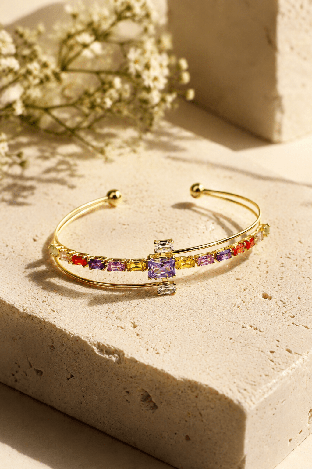 Rainbow Princess Solitaire Bypass Cuff Bracelet - Maxiblink