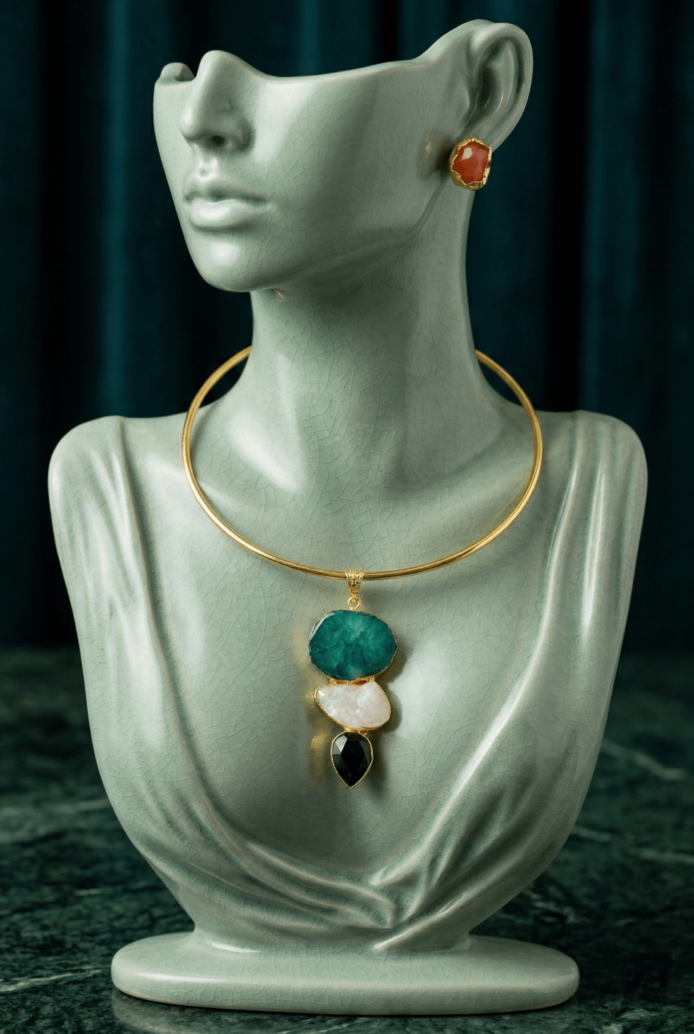 Raw Natural Stone Brass Hansuli Necklace Set for Women | Handmade Hasli Statement Jewellery - Maxiblink