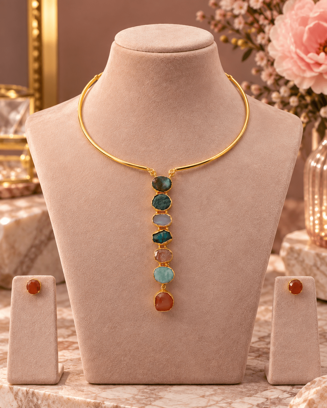 Raw Natural Stone Cascade Hansuli Necklace Set - Maxiblink