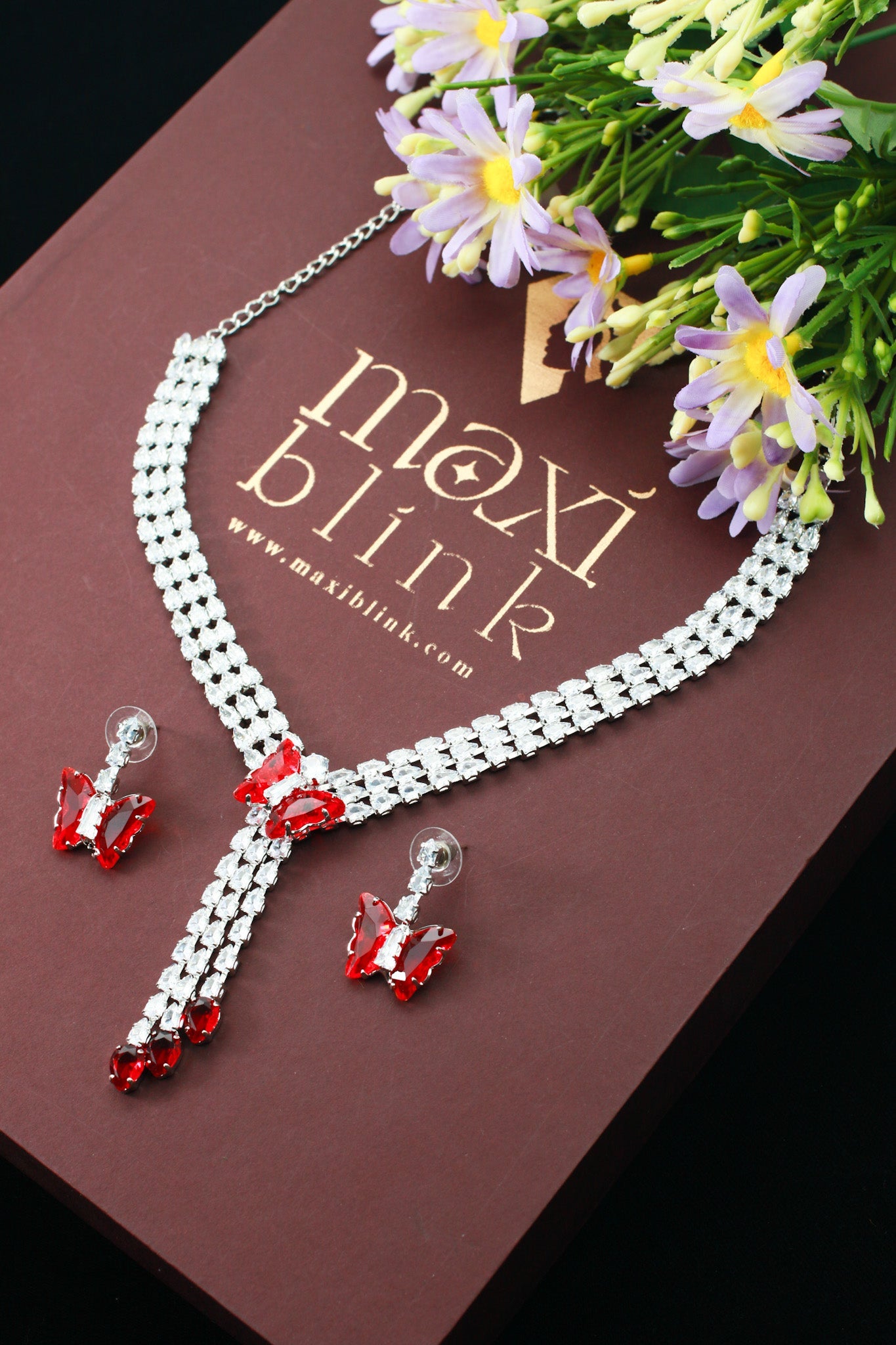 Red Butterfly Drop Korean Glass Stone Necklace Set | Statement Jewellery - Maxiblink