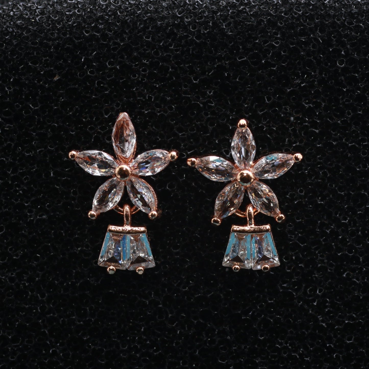 Rose Gold Floral Drop Earrings with CZ Crystal Petals | Festive & Wedding - Maxiblink