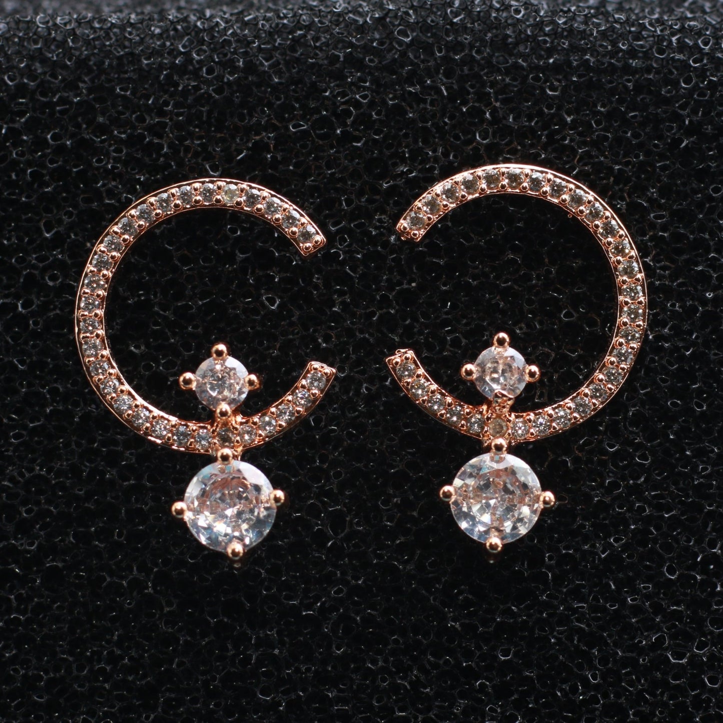 Rose Gold Half Hoop Earrings with CZ Dangling Drops - Maxiblink
