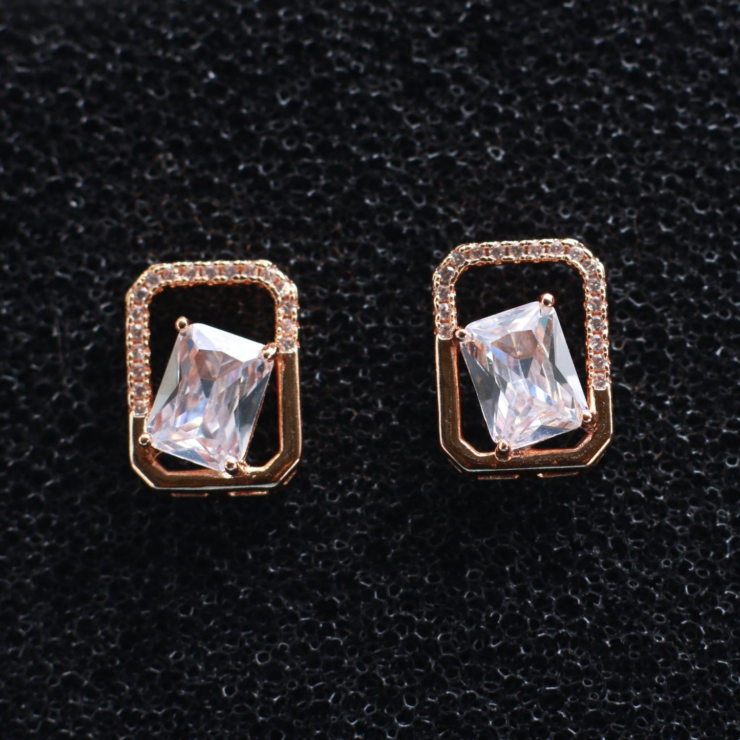 Rose Gold Rectangular Zircon Stud Earrings with Micro Pavé Detailing - Maxiblink