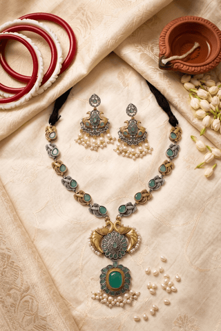 Royal Aqua Dual - Tone Peacock Necklace Set - Maxiblink