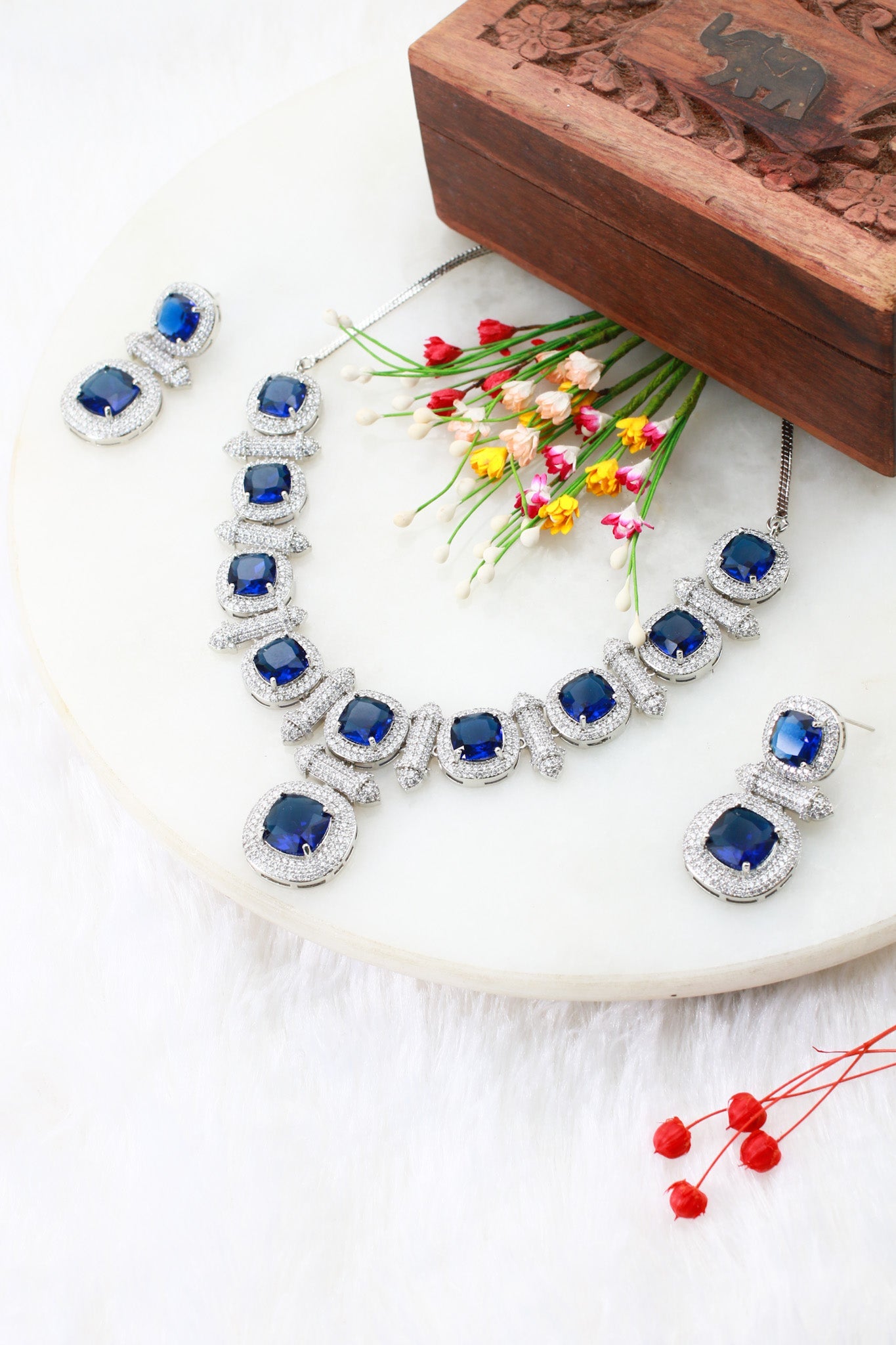 Royal Blue Cushion Cut Necklace Set with Diamond Finish | Premium Party Jewellery - Maxiblink
