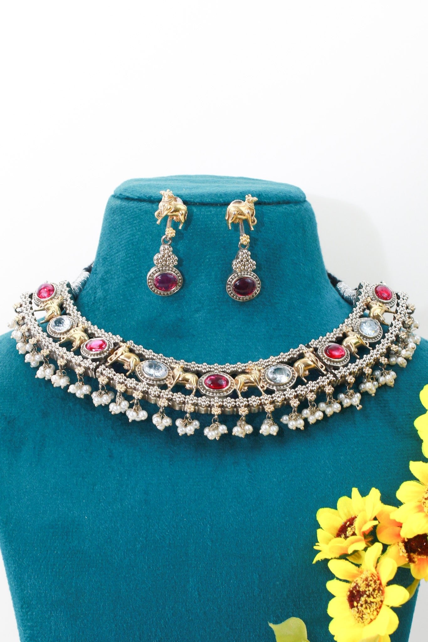 Royal Ruby Dual - Tone Elephant Temple Pearl Choker Necklace Set - Maxiblink