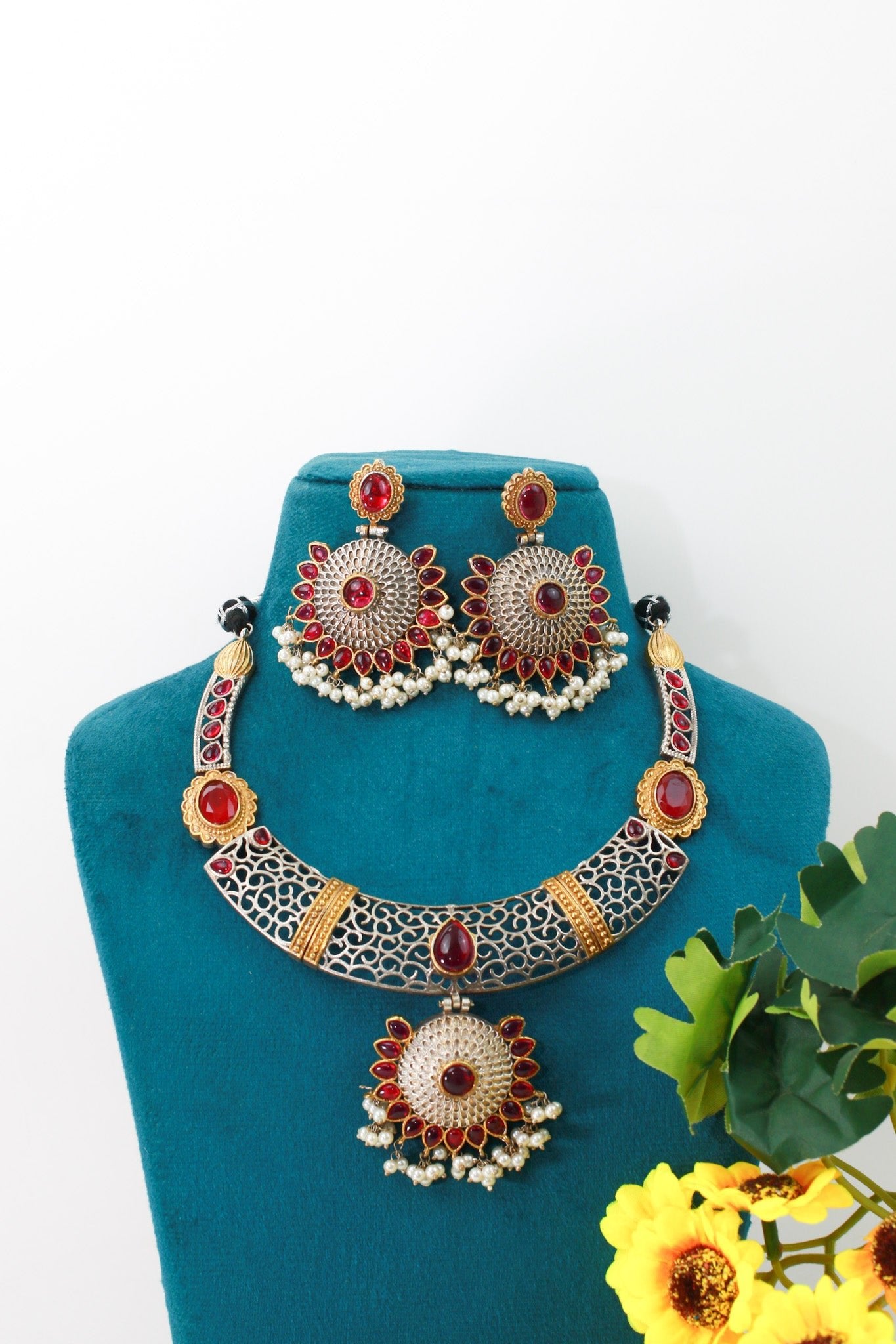 Royal Ruby Dual - Tone Floral Statement Necklace Set - Maxiblink
