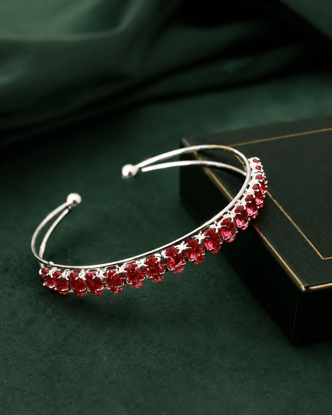 Ruby Red Crystal Silver-Tone Cuff Bracelet - Maxiblink