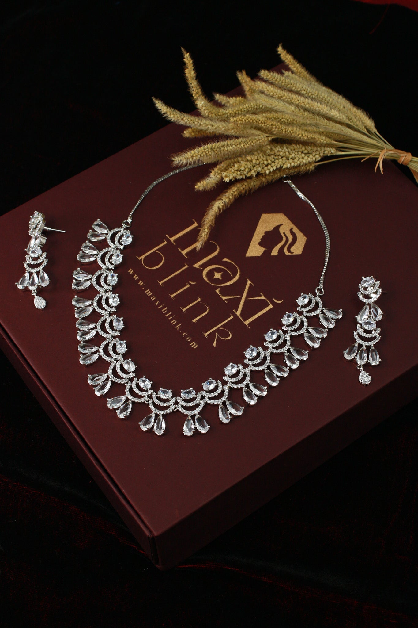 Silver AD Teardrop Crescent Choker Necklace Set with Long Danglers | Bridal & Party Wear - Maxiblink
