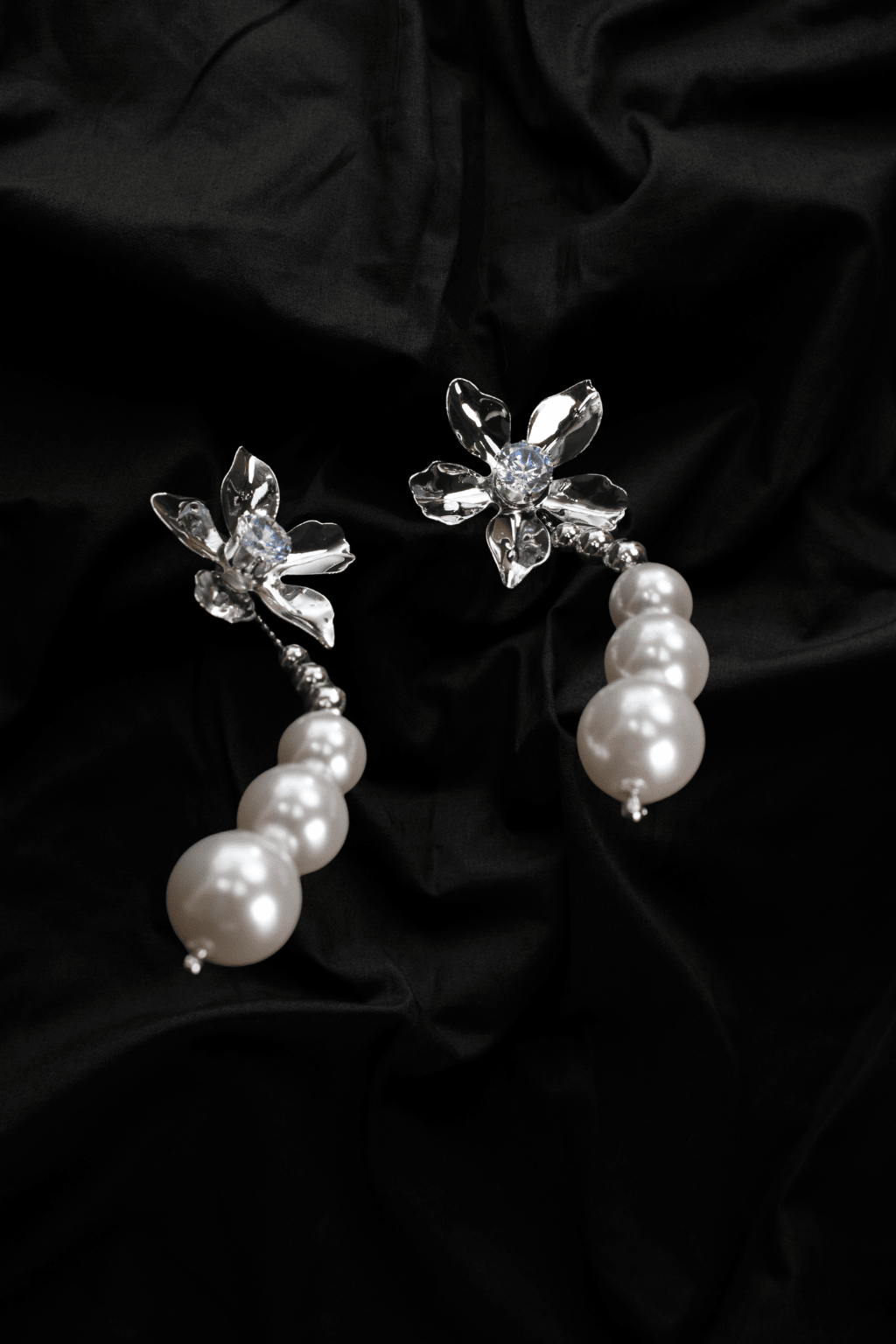 Silver Crystal Flower & Pearl Dangle Earrings – Elegant Anti - Tarnish Wedding Jewelry - Maxiblink
