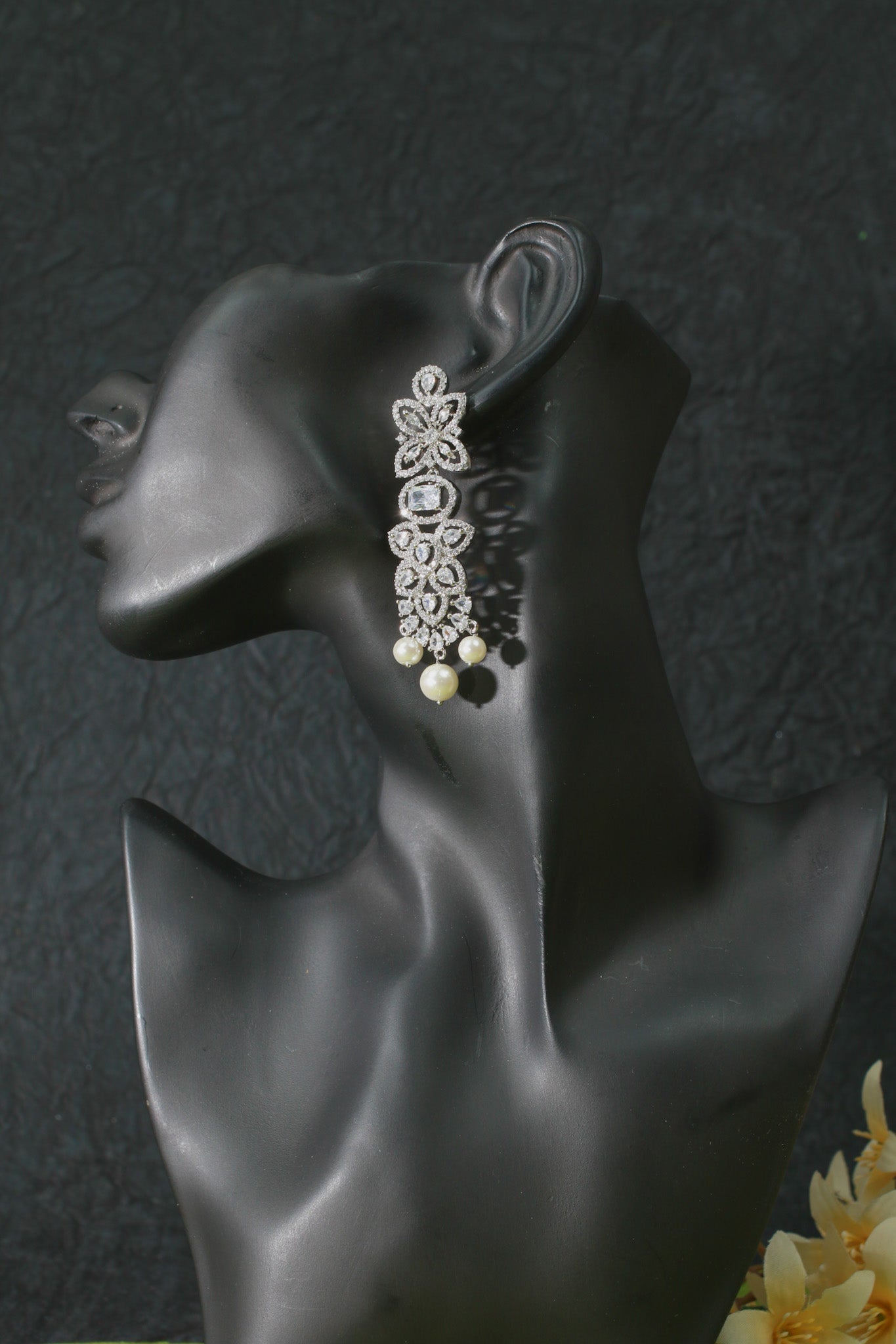 Silver - Plated Floral Pearl Choker Set with Earrings - Maxiblink
