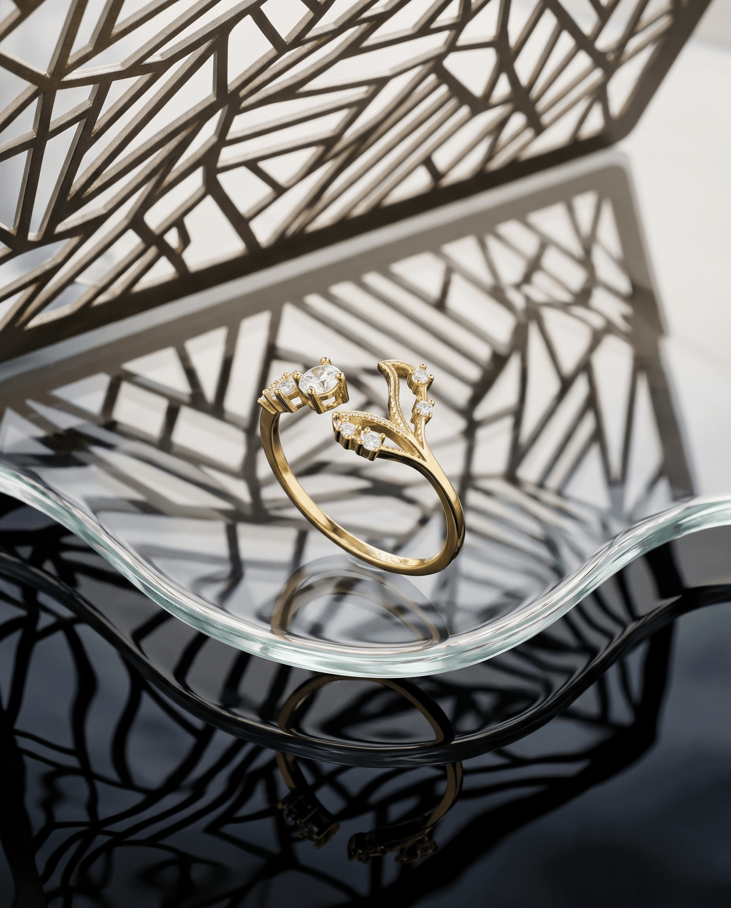 Solitaire & Crystal Leaf Sprig Ring, free-size open band — MaxiBlink gold-plated demi-fine jewellery
