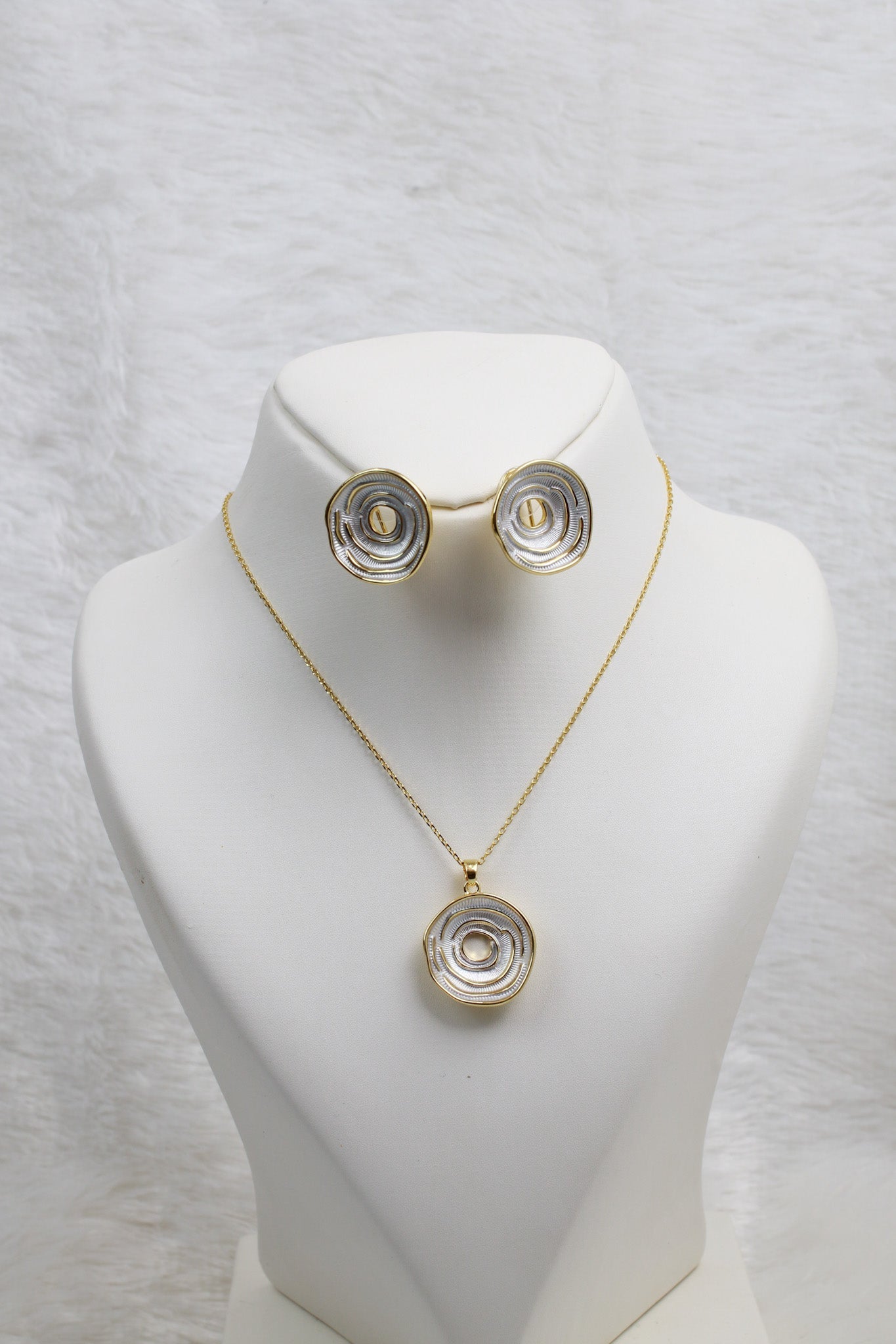 Spiral Silver Enamel Pendant Set - Minimal Luxury Necklace & Studs | Anti Tarnish Finish - Maxiblink