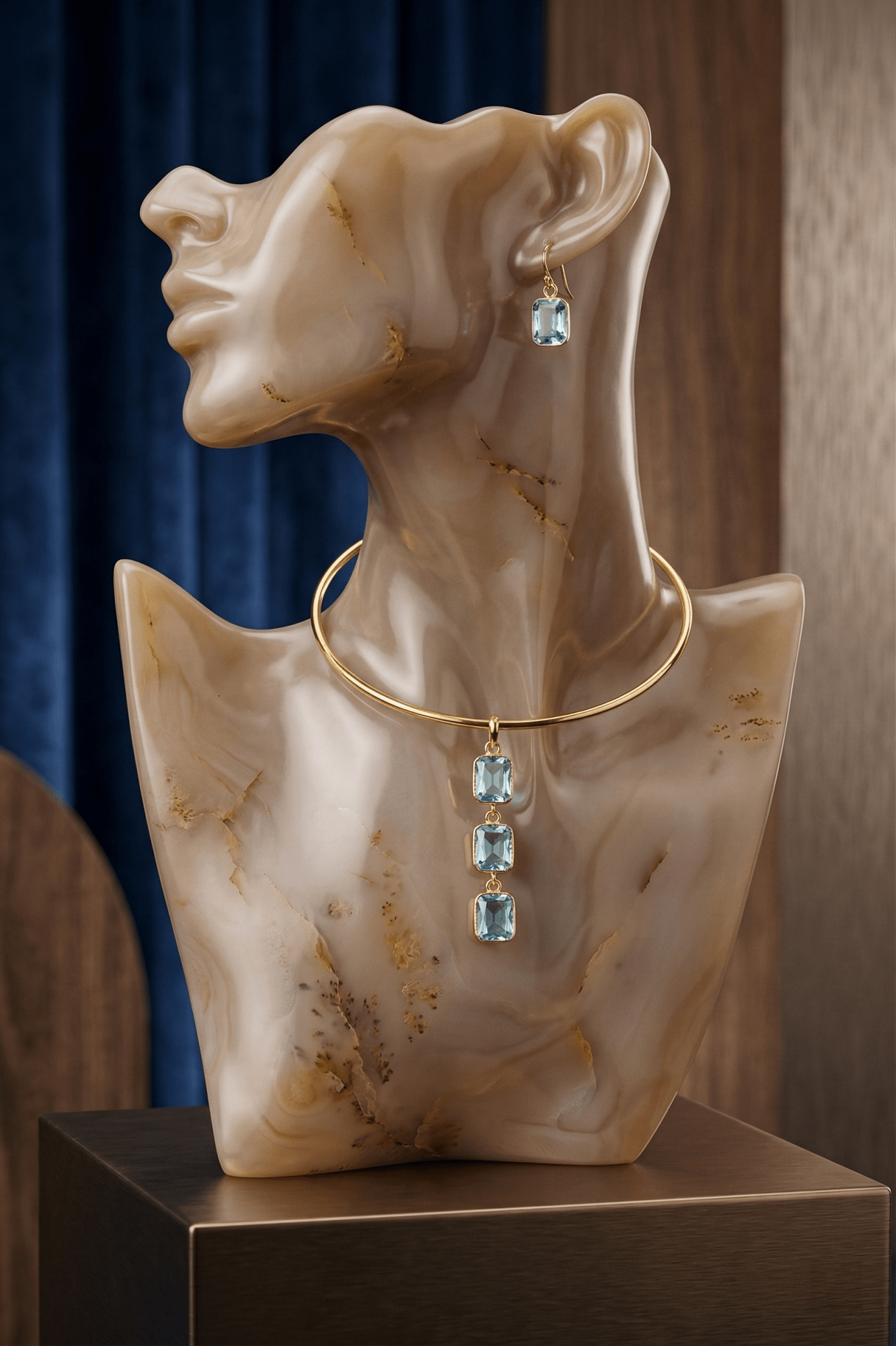 Square Natural Stone Drop Hansuli Choker Necklace – Gold Plated Brass Minimal Statement Jewelry - Maxiblink