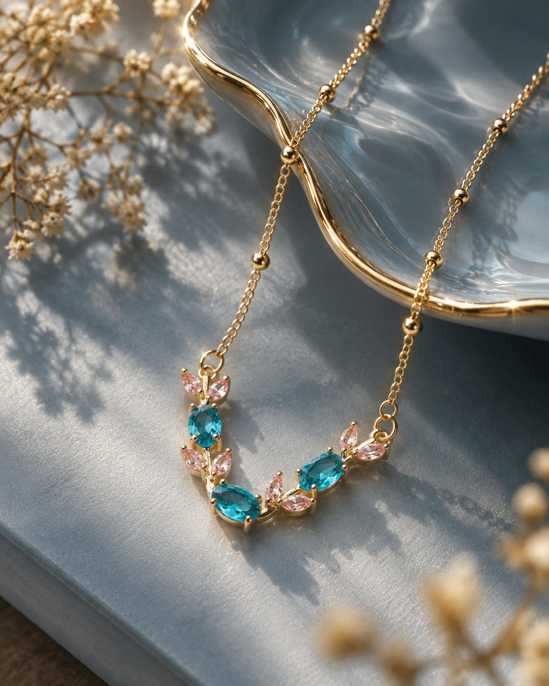 Teal & Pink Crystal Vine Pendant Necklace - Maxiblink