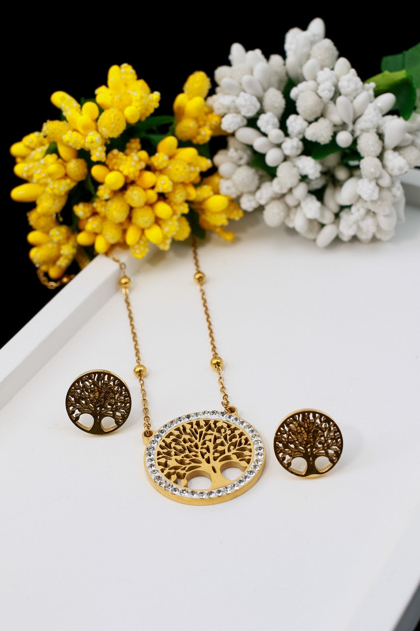 Tree of Life Pendant Necklace & Earrings Set - Gold Stainless Steel with Rhinestones