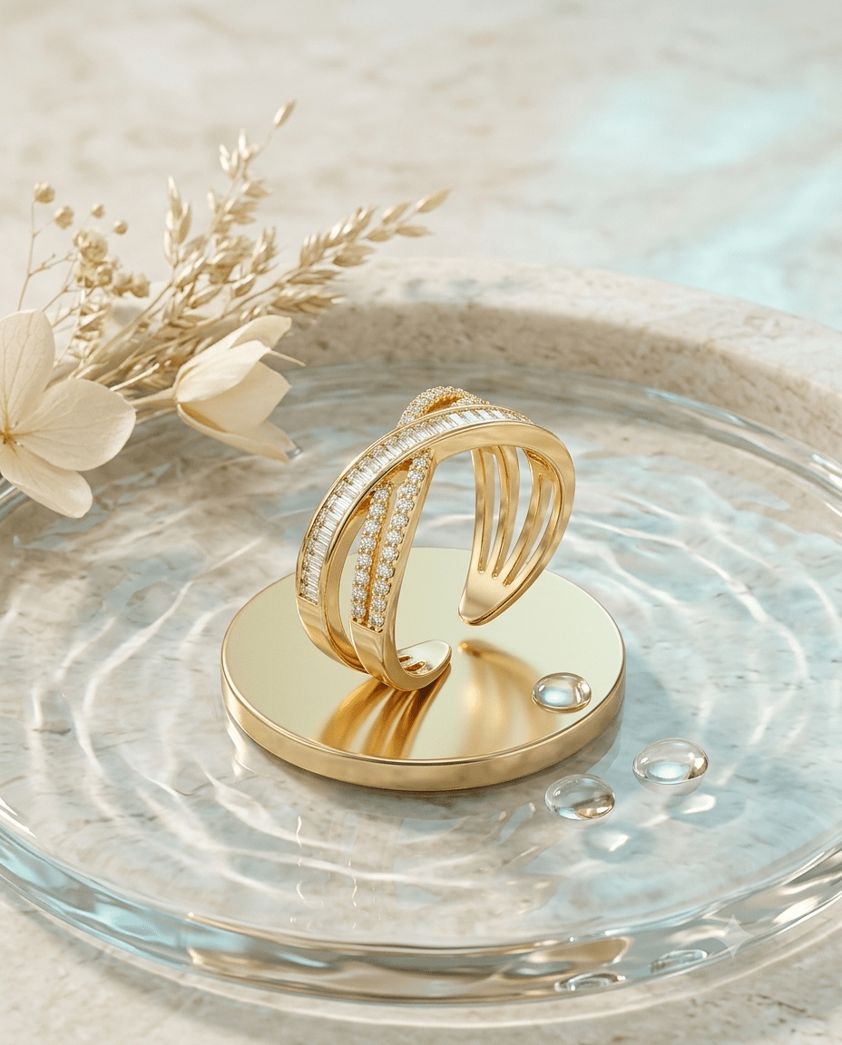 Triple-Line Baguette Crossover Ring close-up detail — 18K gold-plated anti-tarnish ring, MaxiBlink