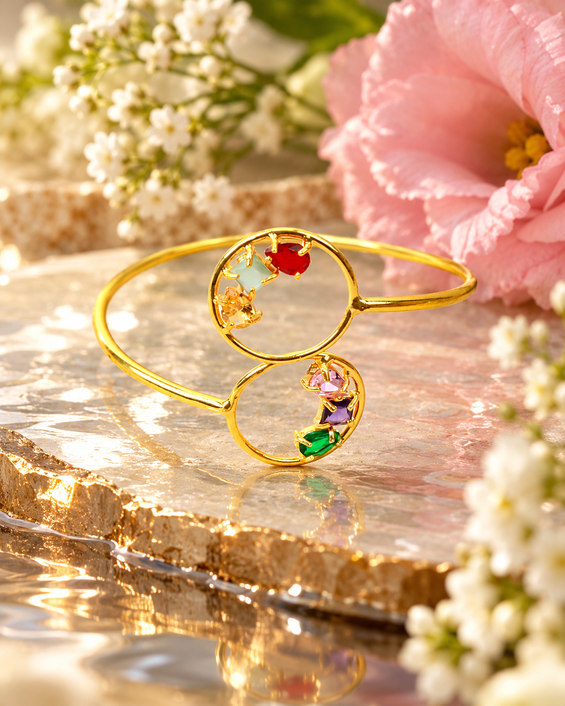 Twin Circle Multicolour Stone Bypass Cuff Bracelet - Maxiblink