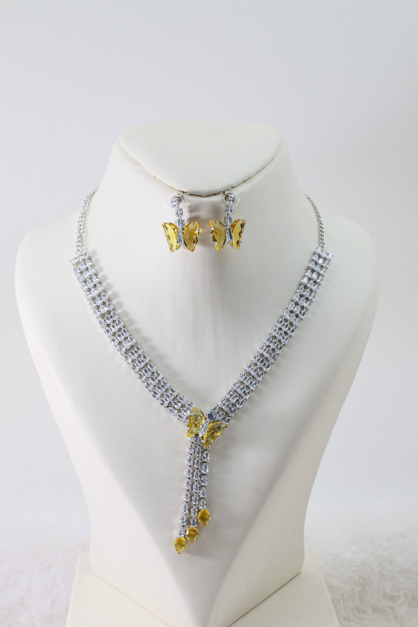 Yellow Butterfly Drop Korean Glass Stone Necklace Set | Statement Jewellery - Maxiblink