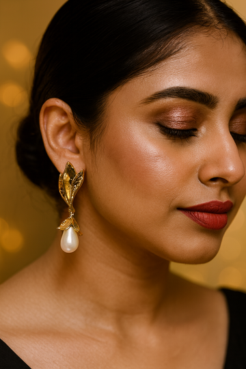 Floral Pearl Drop Gold Earrings