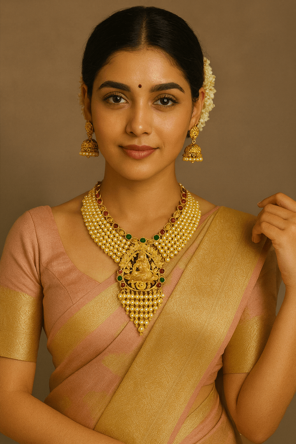Antique Gold-Plated Lakshmi Temple Necklace Set with Pearl Layers