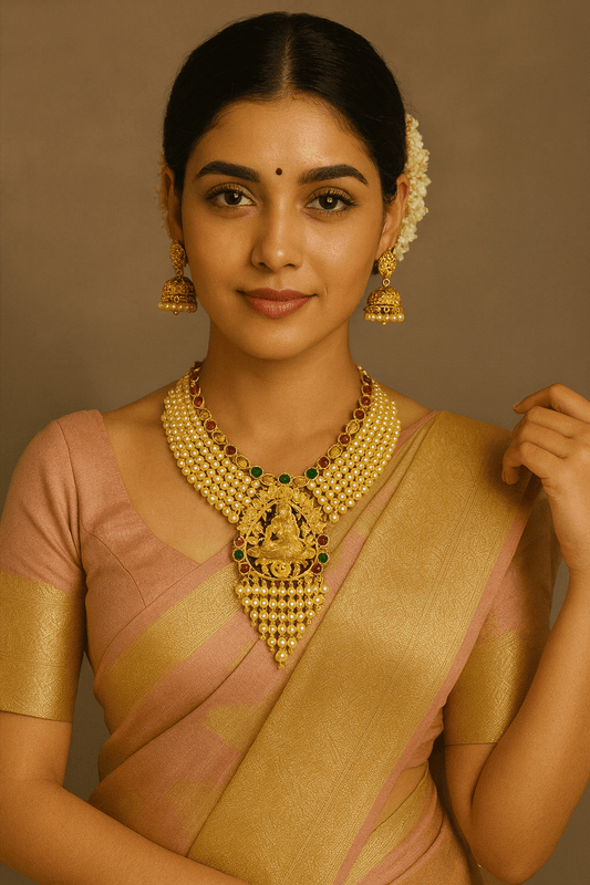 Antique Gold-Plated Lakshmi Temple Necklace Set with Pearl Layers