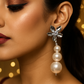 Silver Crystal Flower & Pearl Dangle Earrings – Elegant Anti-Tarnish Wedding Jewelry