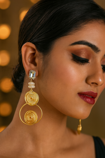 Crystal & Gold Spiral Statement Earrings – Luxe Anti-Tarnish Party Wear