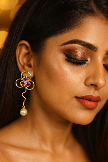 Floral Curve Earrings with Lavender Crystal & Pearl Drop