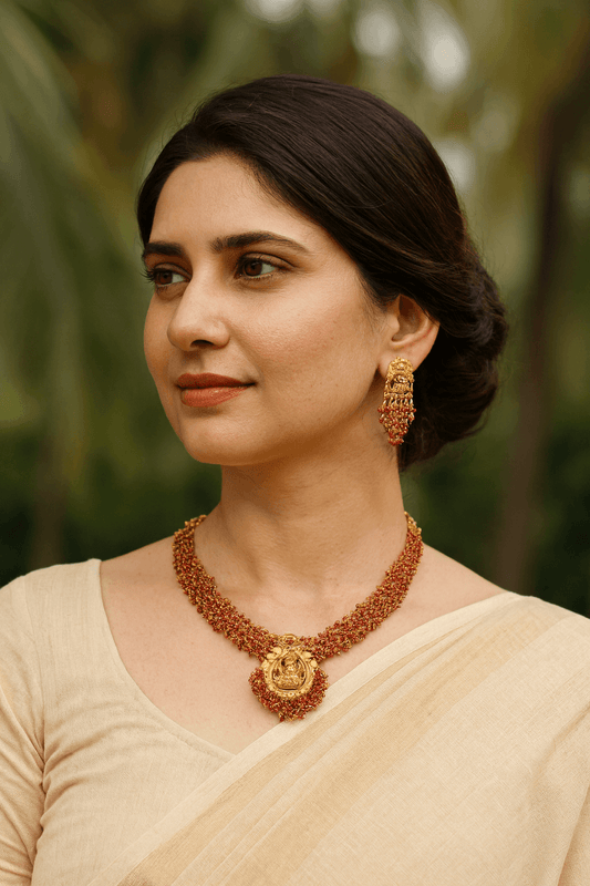 Ruby Bead Temple Necklace with Lakshmi Pendant