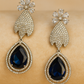 Floral Stud Earrings with Large Blue Drop