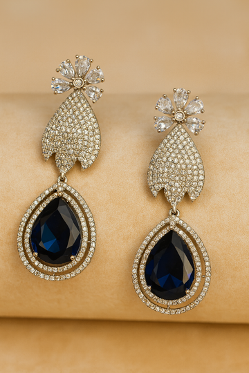 Floral Stud Earrings with Large Blue Drop