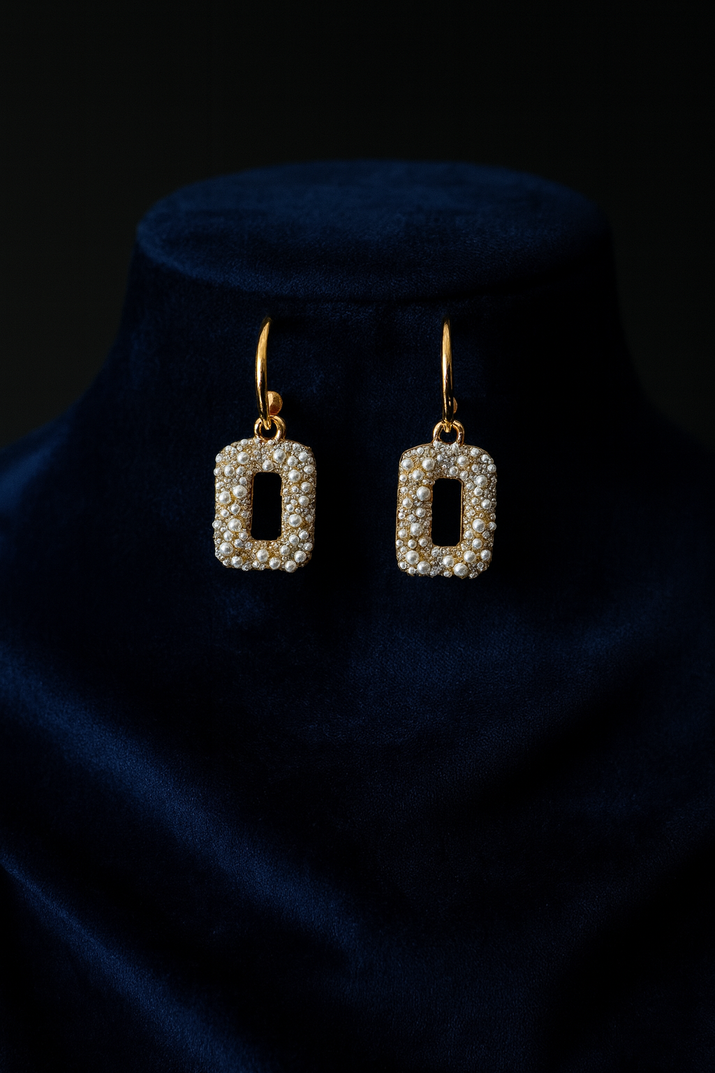 Pearl-Studded Rectangular Hoop Earrings in Gold Finish