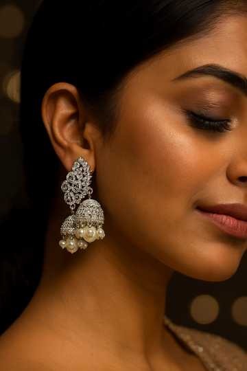 Zircon Leafwork Jhumka Earrings with Pearl Drops